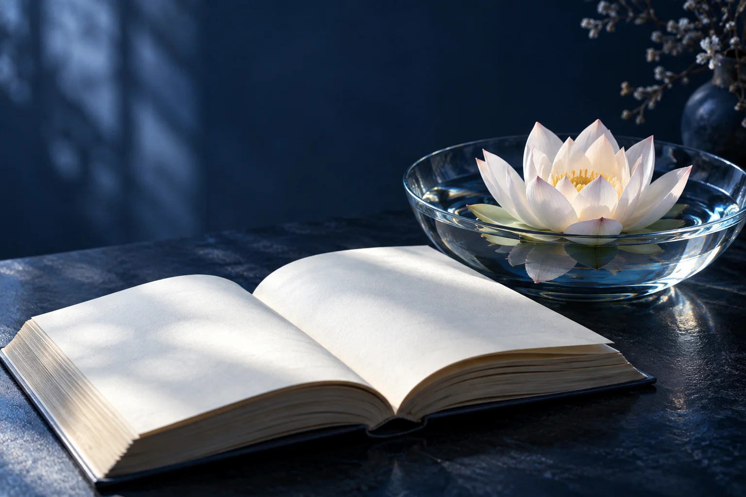 Livro aberto ao lado de uma flor de lótus, sob luz azul suave